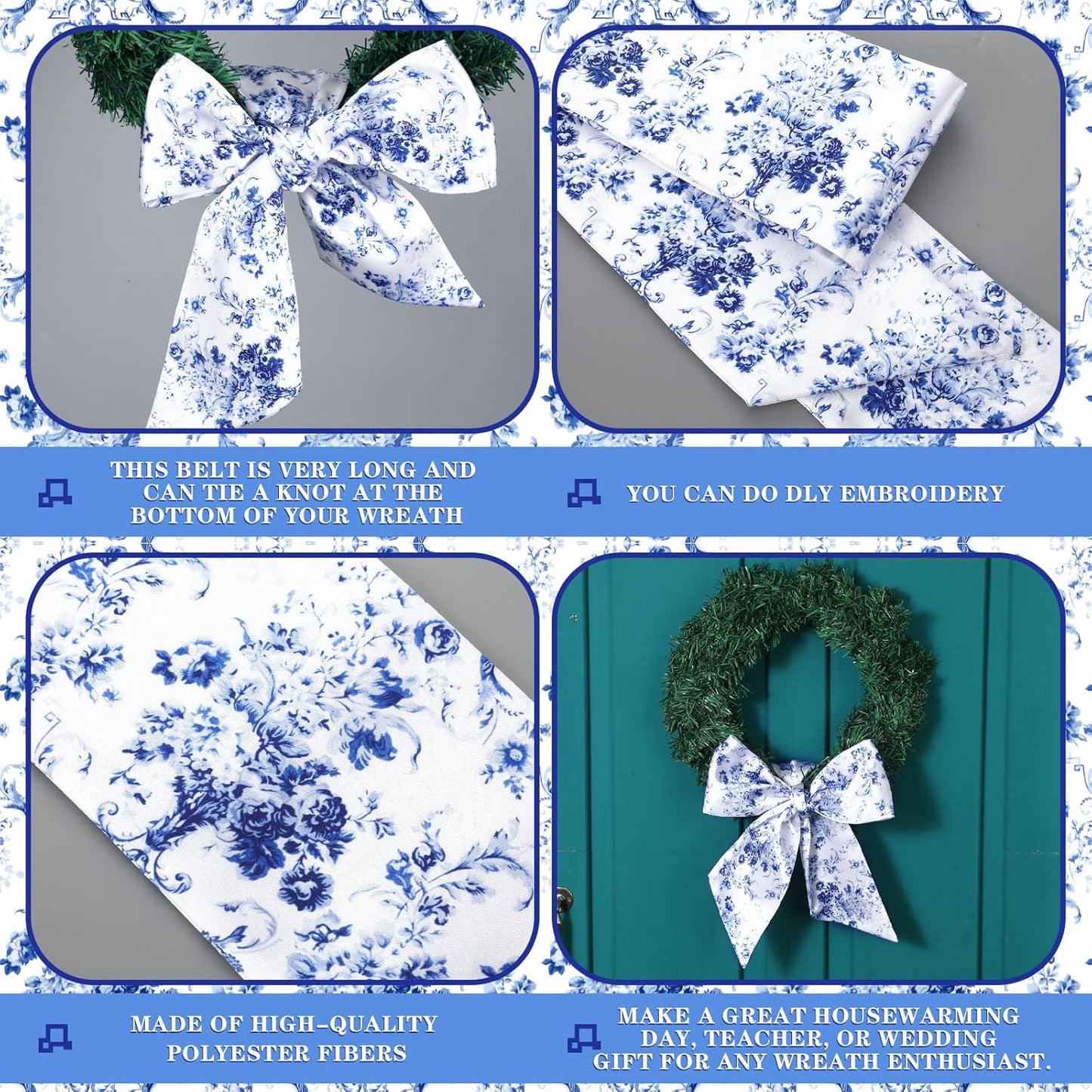 Skiennix Wreath Sash Set - Reversible Chinoiserie Decor for Monogram Garland | Indoor/Outdoor Use
