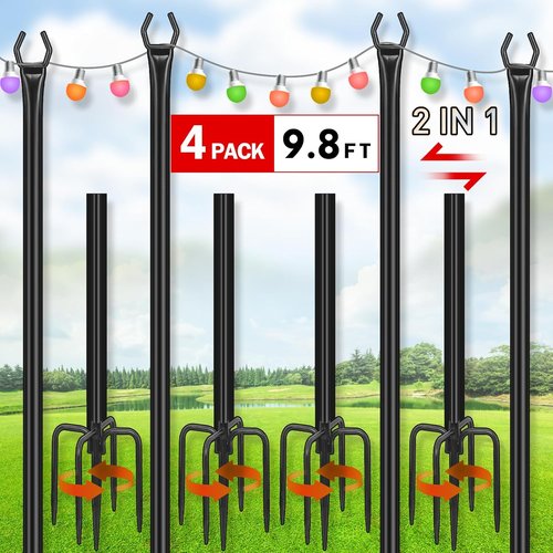 Feed Garden String Light Poles - 9.8FT Metal Stands for Outdoor Decor | 4 Pack for Deck, Patio & Events
