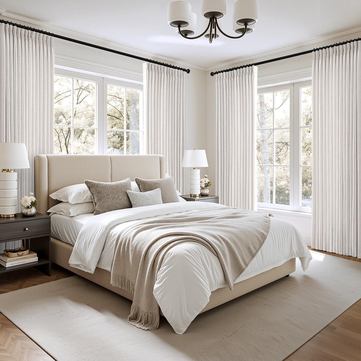 MIULEE Thick Linen Pinch Pleated Curtains - 90 Inch Semi-Sheer Light Filtering Drapes | 4 Panels in Beige & White