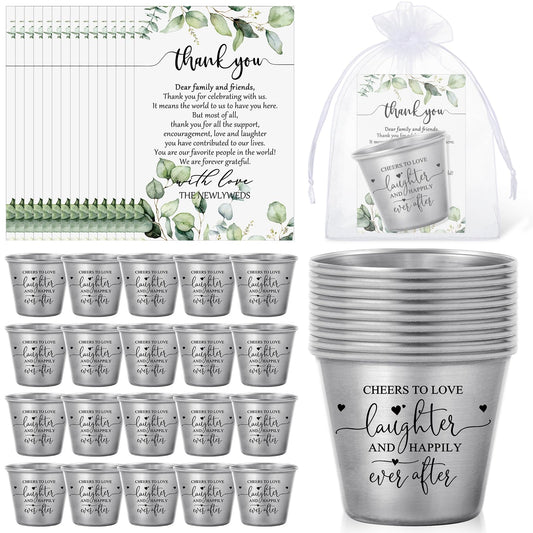 Uiifan Wedding Favors for Guests 1.5 oz Shot Glasses Thank You Cards with Gift Bags for Engagement Bridal Shower Wedding Souvenirs, Cheers to Love Laughter and Happily Ever After(100 Set)