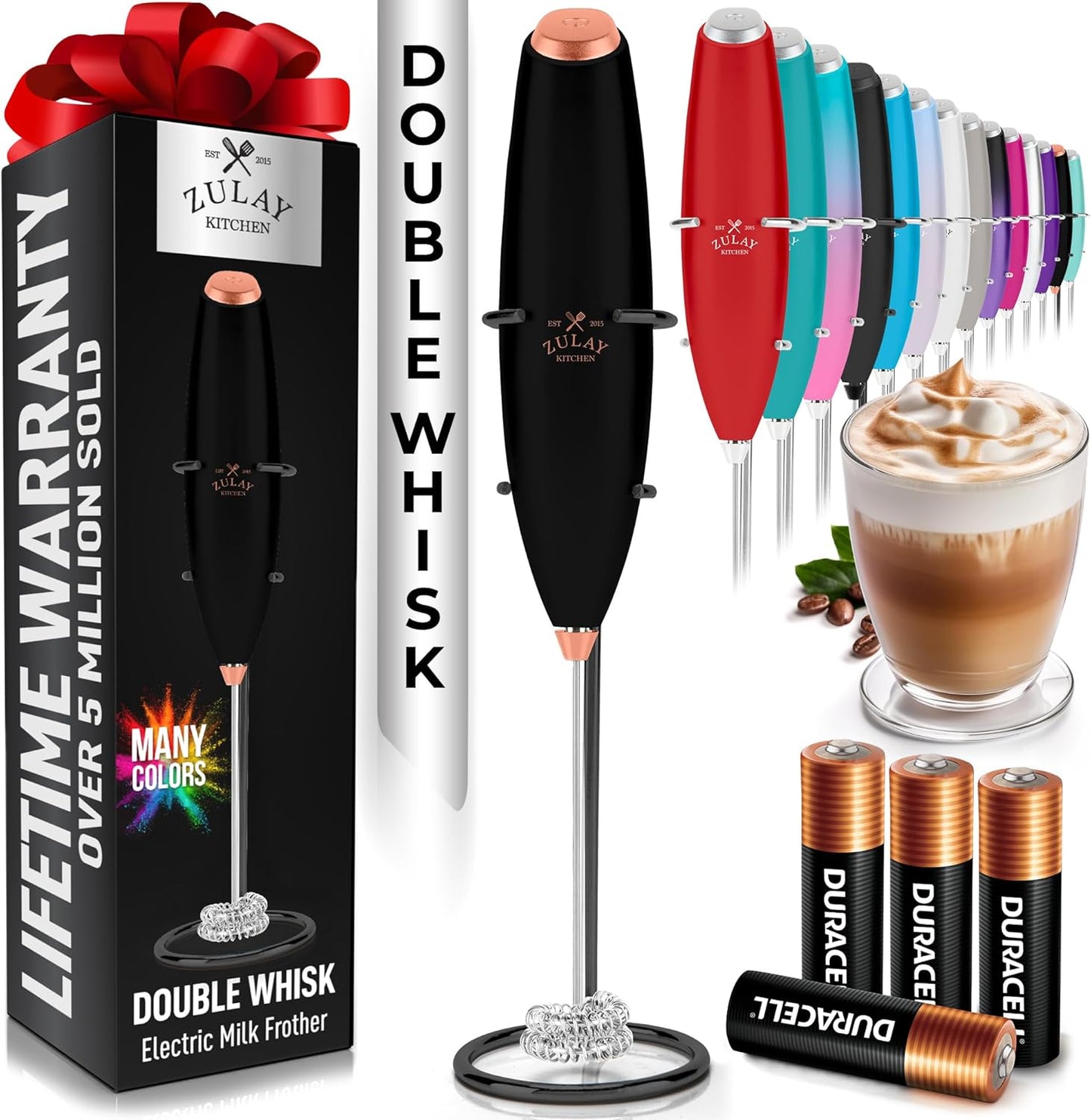 Zulay Kitchen Milk Frother - Powerful Handheld Whisk for Coffee, Lattes & More | Includes 4 Duracell Batteries