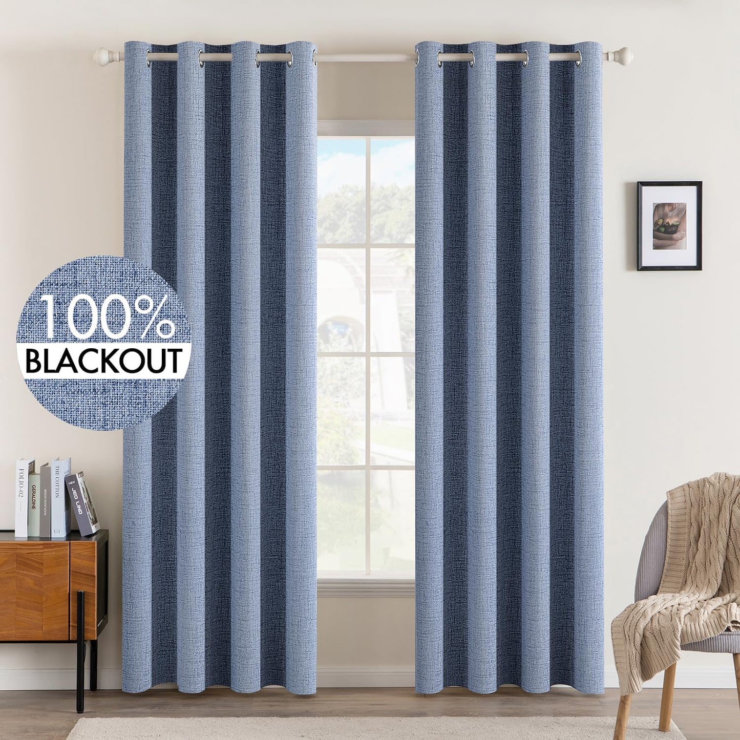 MIULEE Blackout Curtains - 100% Thermal Insulated Linen Texture Drapes | Stone Blue, 52x96 Inch (2 Panels)
