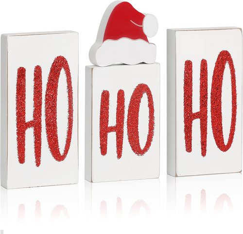 Ho Wood Christmas Blocks - Festive Wooden Tabletop Signs for Holiday Decor | Set of 4 (White)