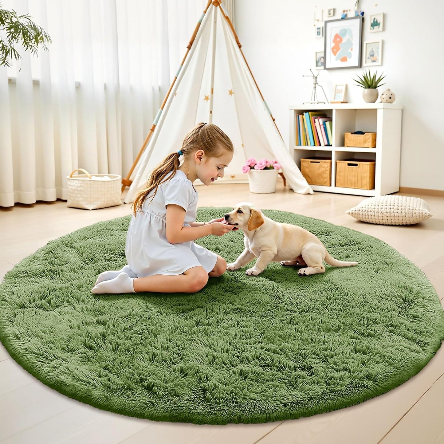OLANLY Green Round Area Rug - Soft, Fluffy, Machine Washable 8 ft Circle Carpet for Bedroom & Living Room