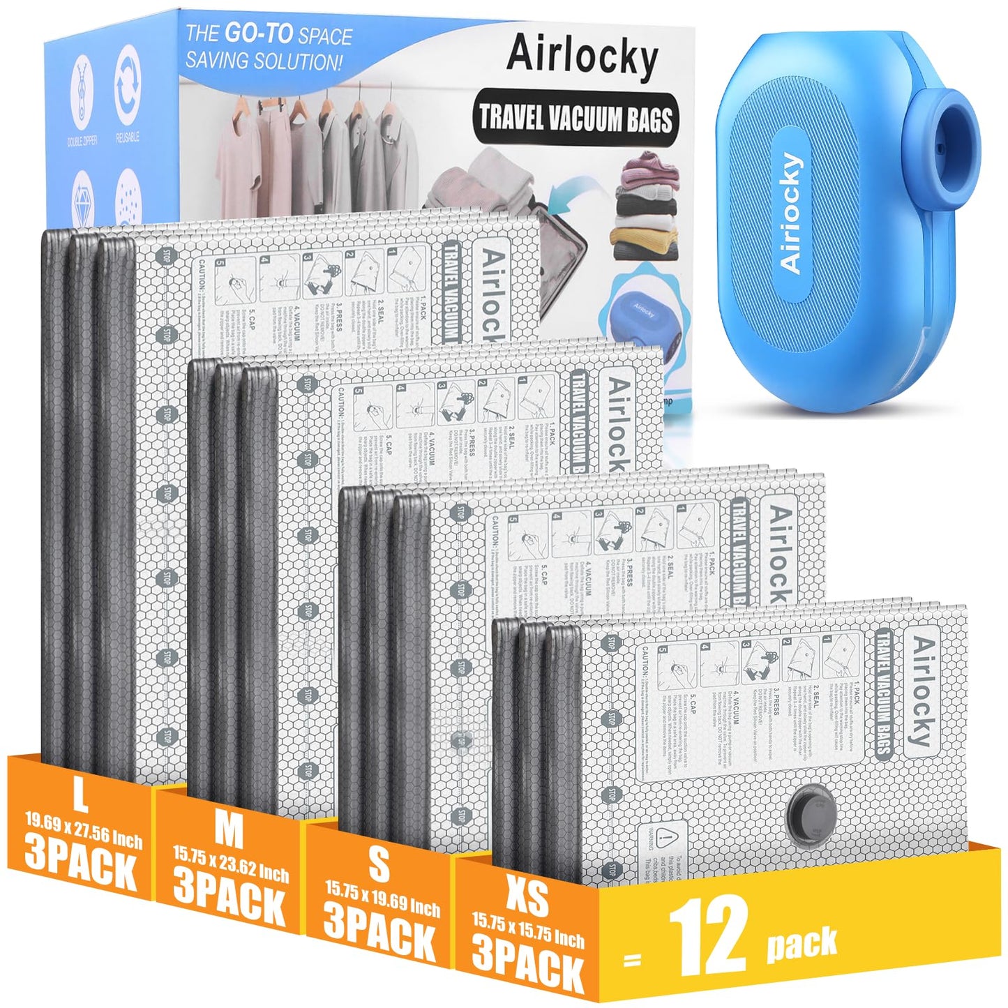 Airlocky Travel Vacuum Storage Bags with Pump, 12 Pack Carry-on Compression Packing Bags + Portable Electric Pump, 80% Space Saver of Clothes, Vacuum Seal Bags for Clothing Travel Luggage