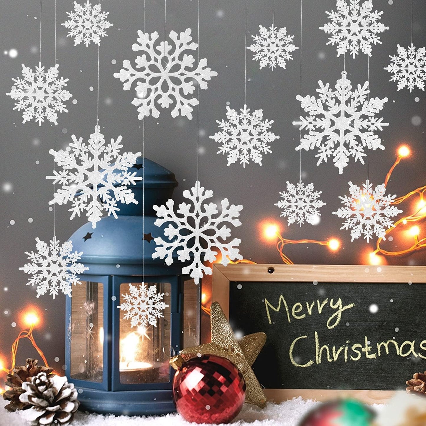 Skiennix 46 Pcs White Glitter Snowflake Ornaments - Various Sizes for Winter Wonderland Decor