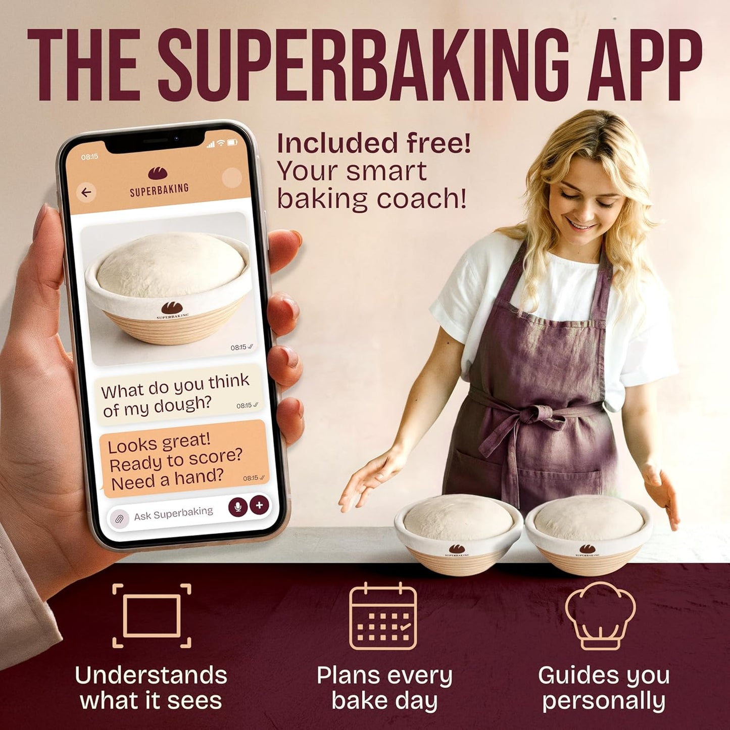 Superbaking Banneton Bread Proofing Basket Set - 9" Round Rattan with Liners for Perfect Sourdough Baking
