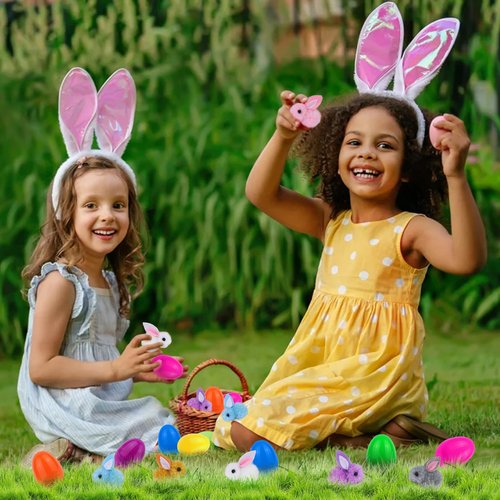 24 Pack Easter Egg Fillers with Easter Bunny Plush, Easter Eggs with Toys Inside, Mini Stuffed Animals Filled Easter Eggs Hunts Party Favors, Easter Basket Stuffers for Kids Toddler Teens Boys Girls