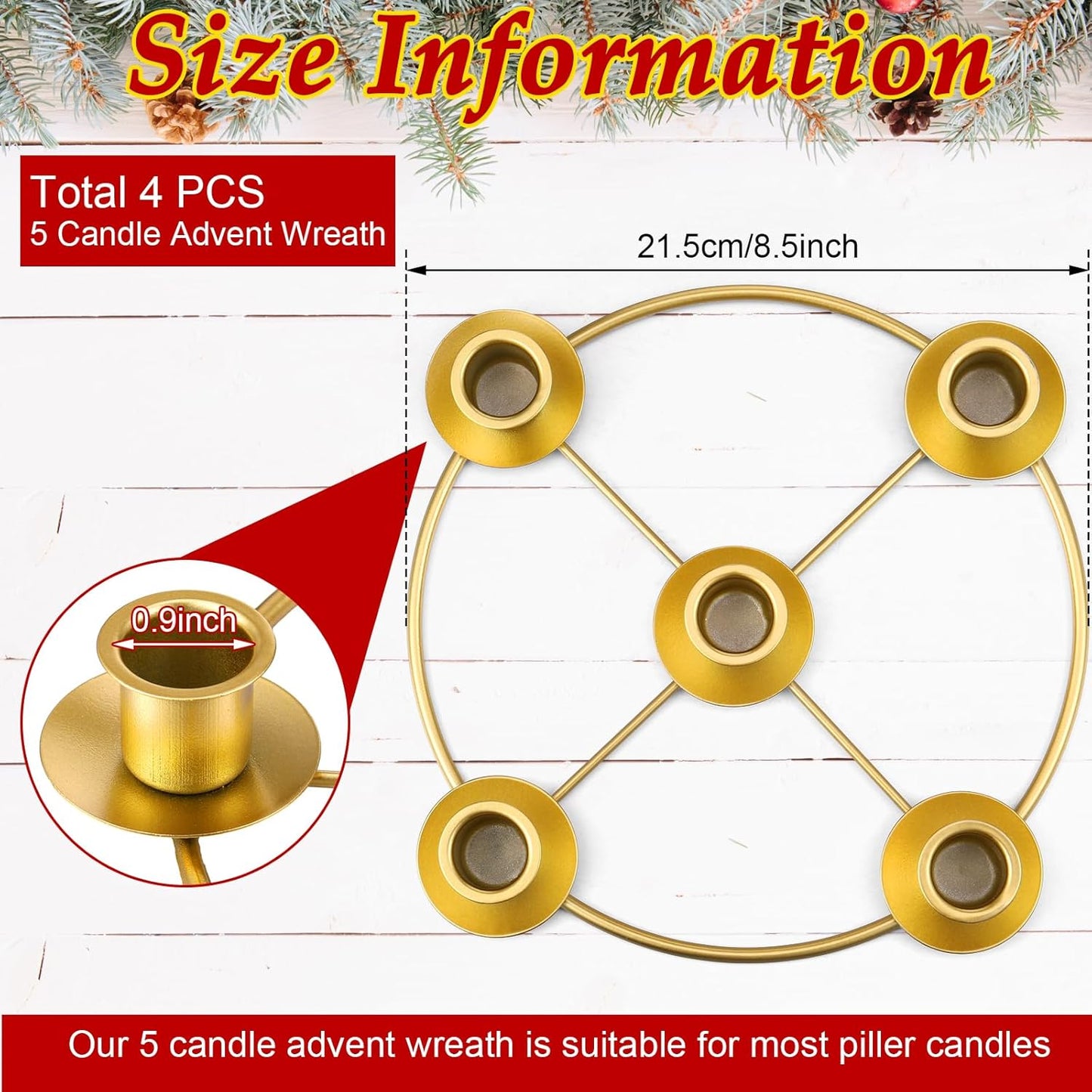 Newtay Christmas Advent Wreath - 5 Candle Holder Ring, 8.5 Inch Gold Metal Table Decoration