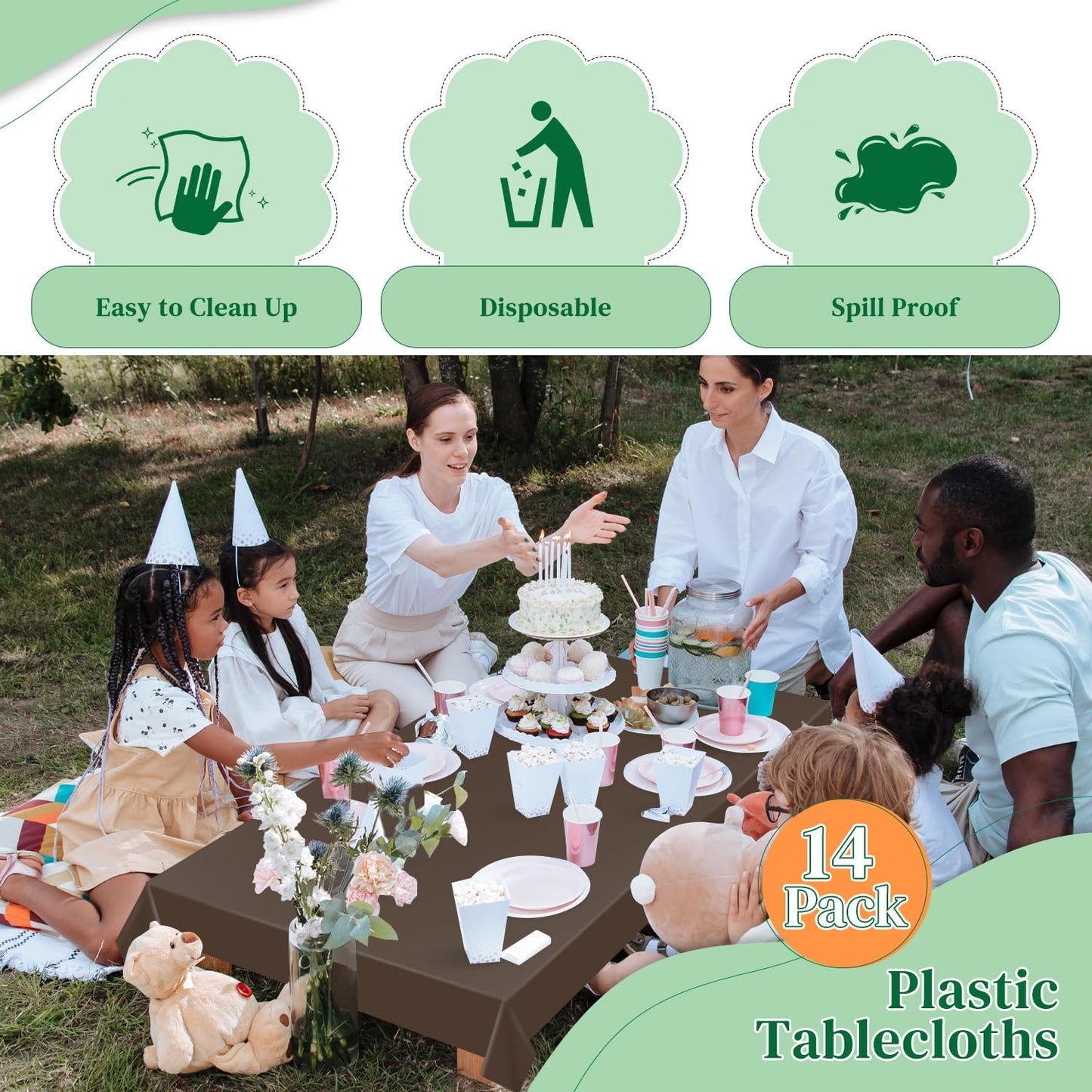 Kongdaoth Brown 14 Pack 54 x 108 Inch Plastic Tablecloths, Disposable Rectangle Tablecloth, Party Table Cover Plastic Table Cloth