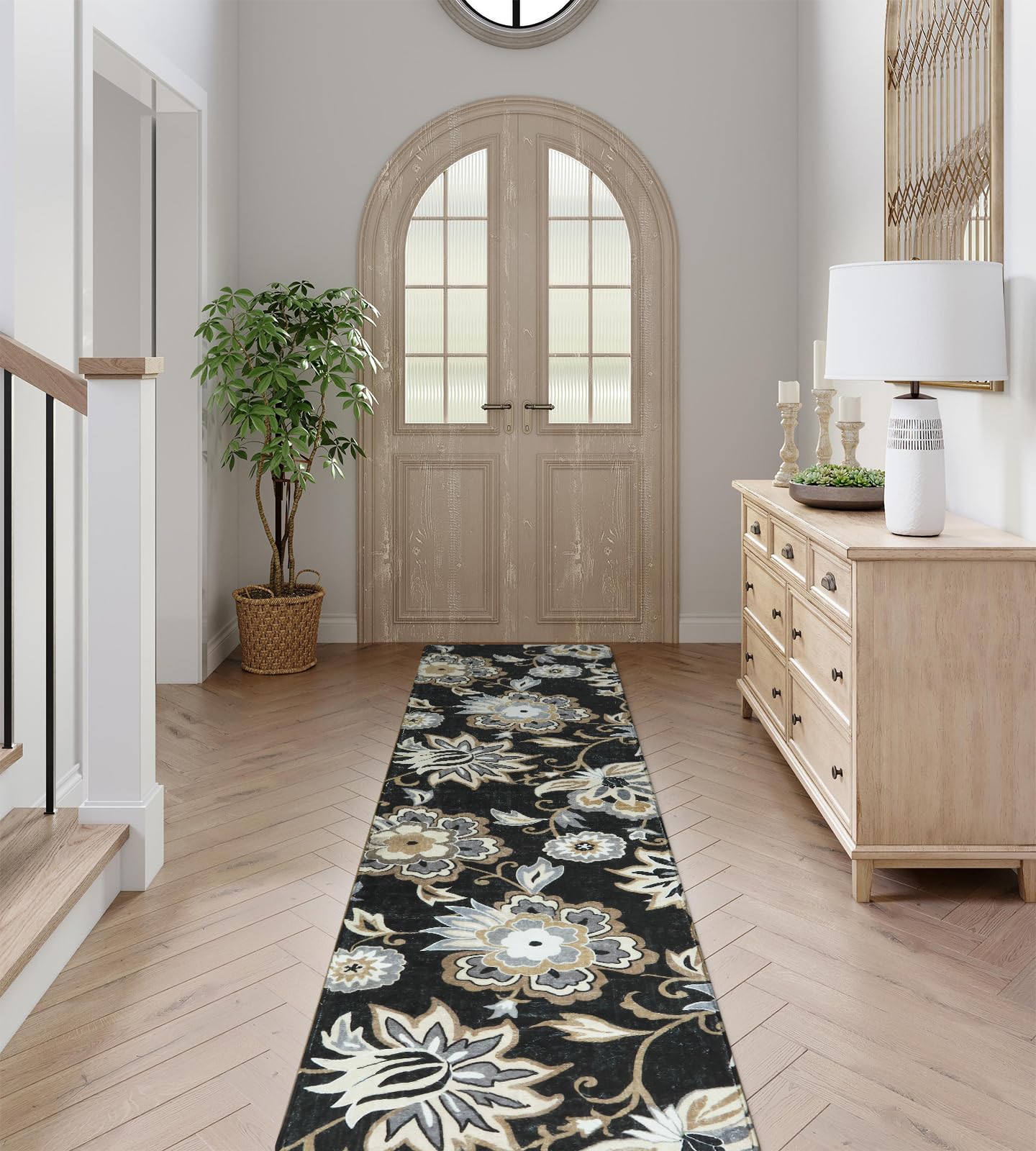Lahome Floral Black Runner Rug - 2x8 Kitchen Runners Non Skid Washable 8 Ft Non-Slip Stain Resistant Long Runner Rugs for Hallway, Paisley Print Accent Ultra-Thin Runners for Bedroom Entryway Foyer