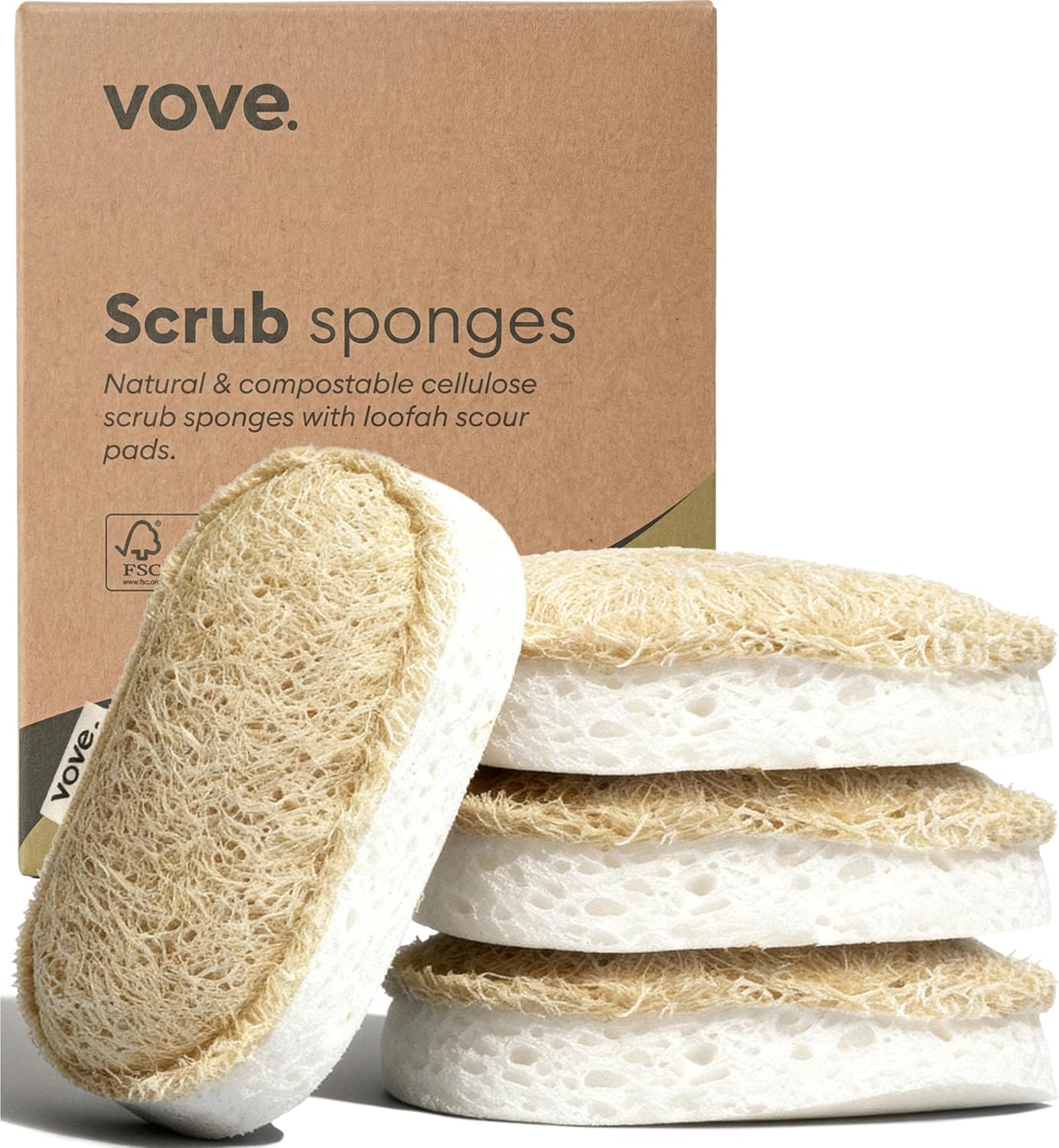 Vove Eco-Friendly Scrub Sponges - 4 Pack of Natural Loofah & Cotton Kitchen Pads | FSC-Certified