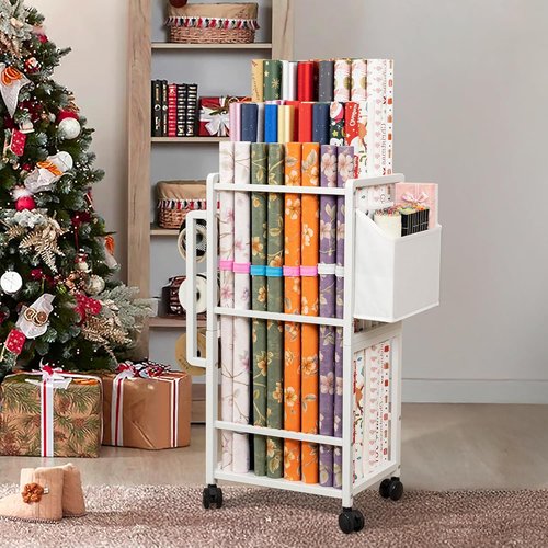 Aquzee Gift Wrapping Paper Organizer - Vertical Storage Cart with Adjustable Rod & Ribbon Holders - White