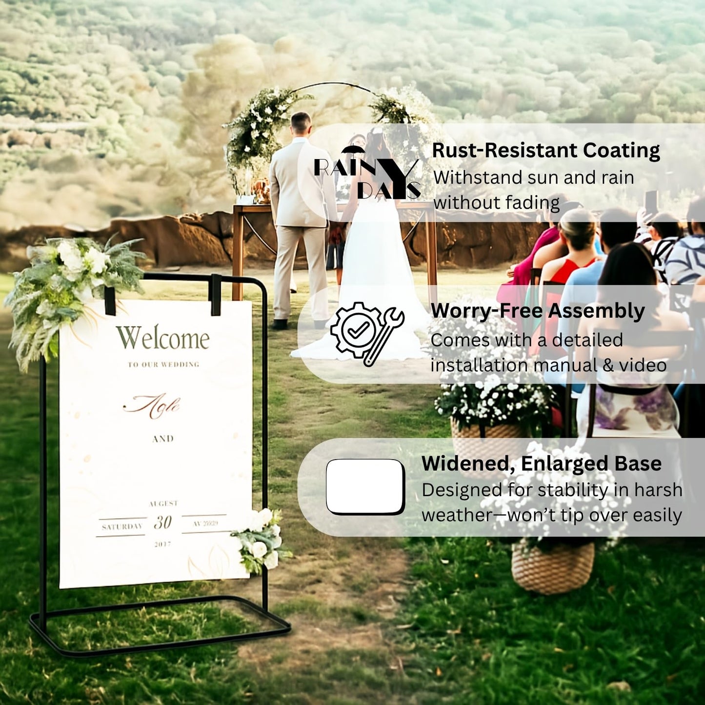 Merrifete Welcome Sign Stand, Adjustable Sign Holder Stand w/ Poster Design Templates & Leather Straps, Heavy Duty Metal Easel for Wedding, Bridal Shower, Birthday Party, Baby Shower, 68" x 30" x 20"