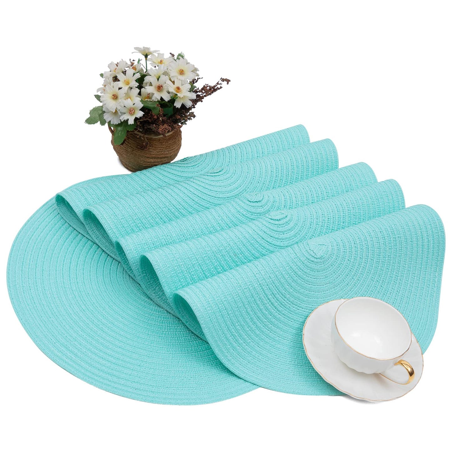 SHACOS Round Placemats Set of 4 Washable 15 inch Round Table Mats Cotton Polyester Woven Braided Place Mats for Dining Table Wedding Party Decor (Aqua, 4)