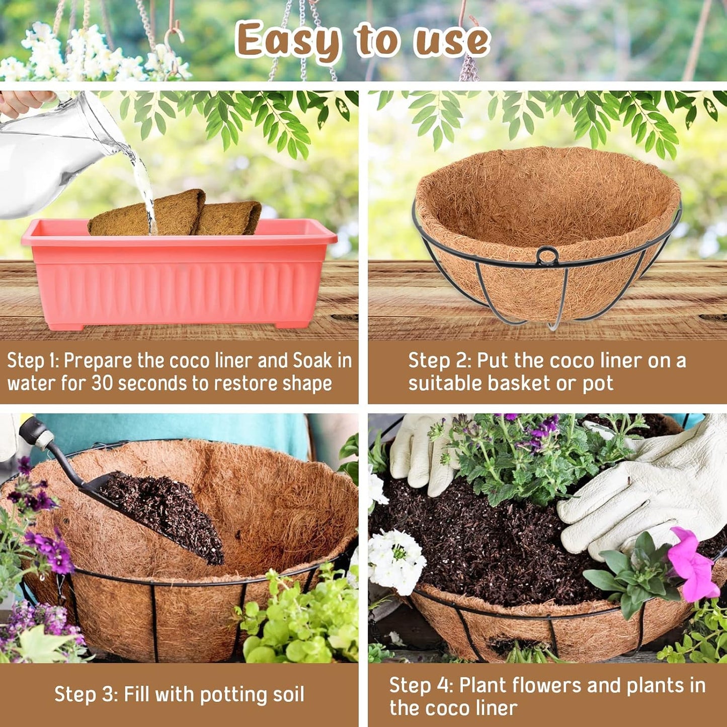 Legigo 20-Inch Hanging Basket Coco Liners - 100% Natural Round Coconut Fiber Replacement for Flowers & Vegetables
