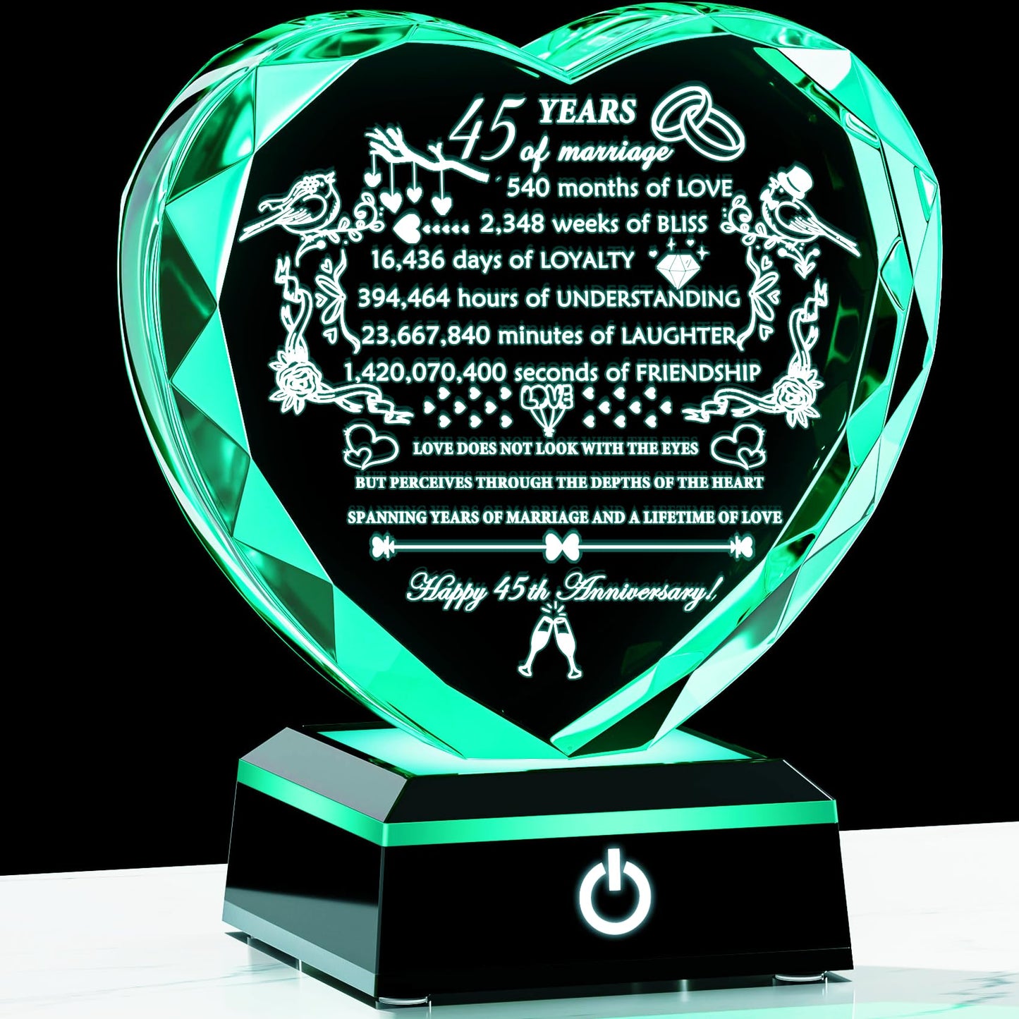 YWHL 45th Wedding Anniversary Crystal Gifts with Colorful LED Base Engraved Happy 45th Anniversary Heart Keepsake Gift for Couples Parents Romantic 45 Years of Marriage Gifts for Wife Husband
