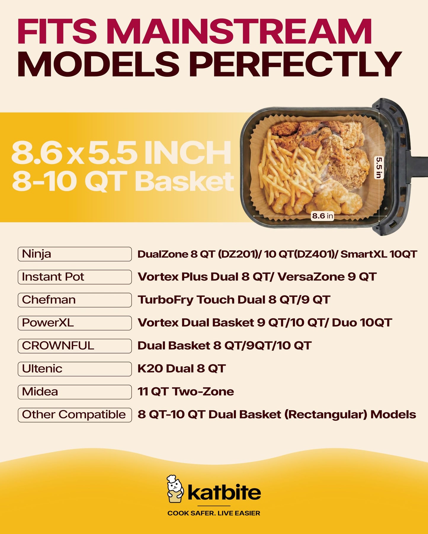 Katbite Air Fryer Liners Disposable - 8.6x5.5'' 130PCS Rectangle Paper Liners, Thick Airfryer Parchment Paper Liners for Dual Air Fryer, DZ201, DZ401, FG551