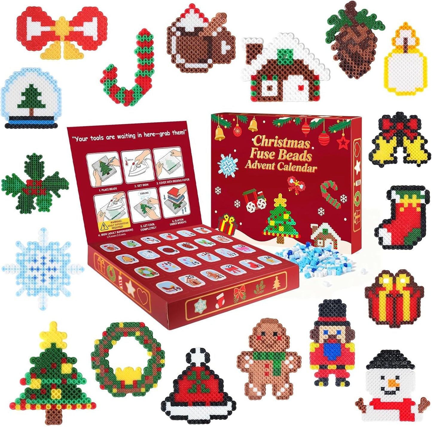 Rocollos Fuse Beads Pegboards Kit - Advent Calendar with 24 Designs & Ironing Paper for Kids