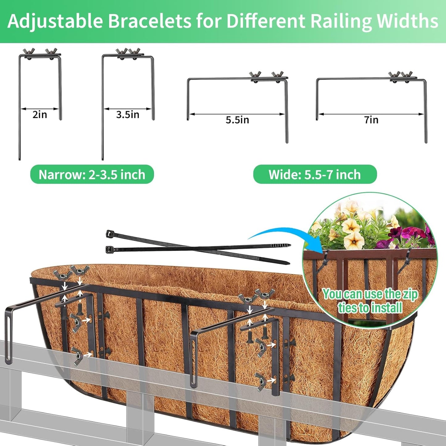 Legigo 16-Inch Window Box Planters - Durable Metal Railing Planters with Coconut Liners | 2-Pack for Outdoor Use