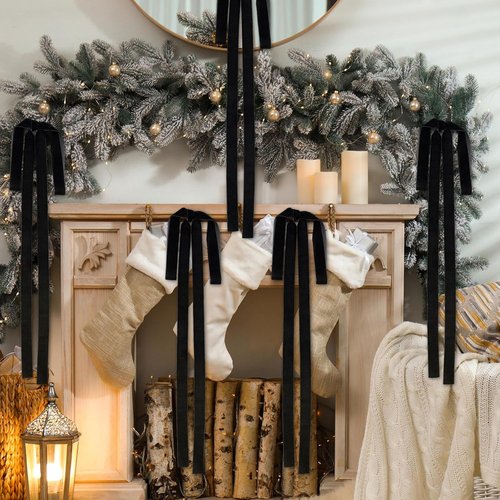 Janinka Black Velvet Ribbon Bows - 6 Pcs Rustic Christmas Tree Decorations | 23.5x15.5 Inch Ornaments