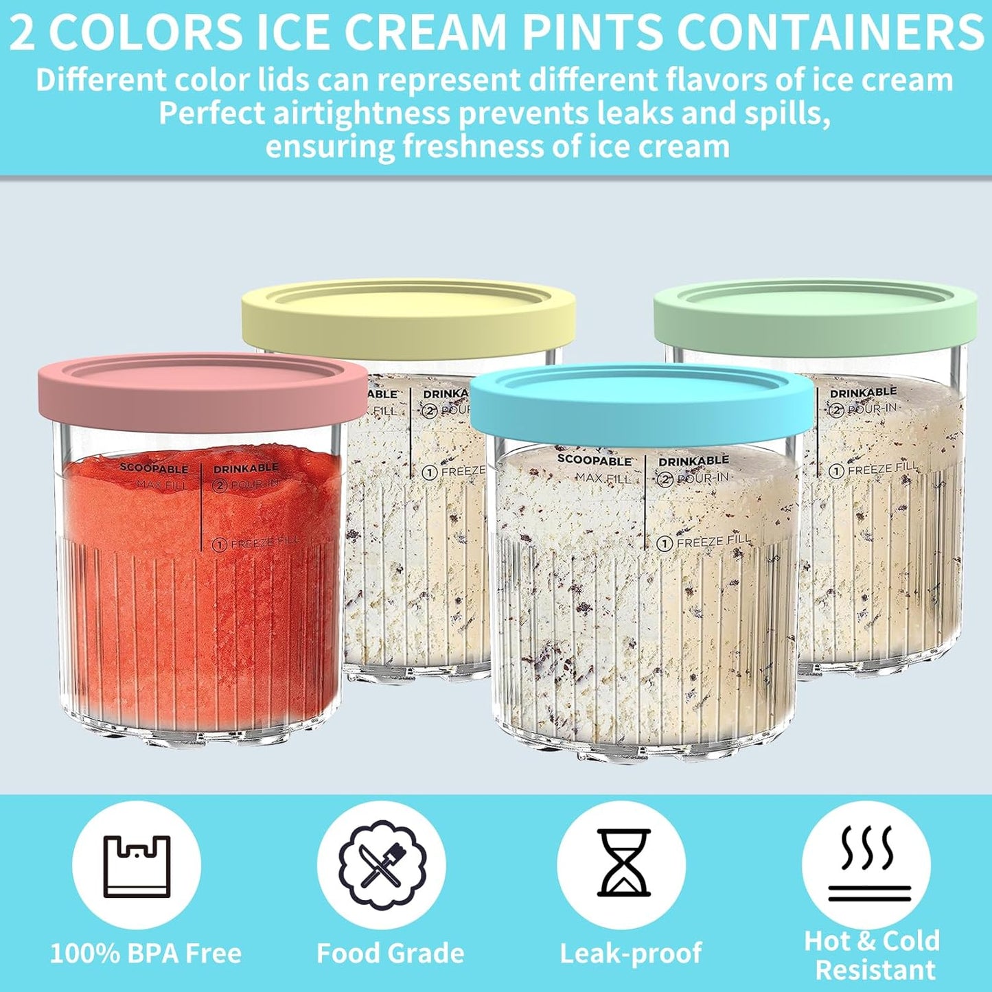 Ninja Creami Pints and Lids - 4 Pack NC501 | Leak-Proof Containers for NC500 Series Ice Cream Makers