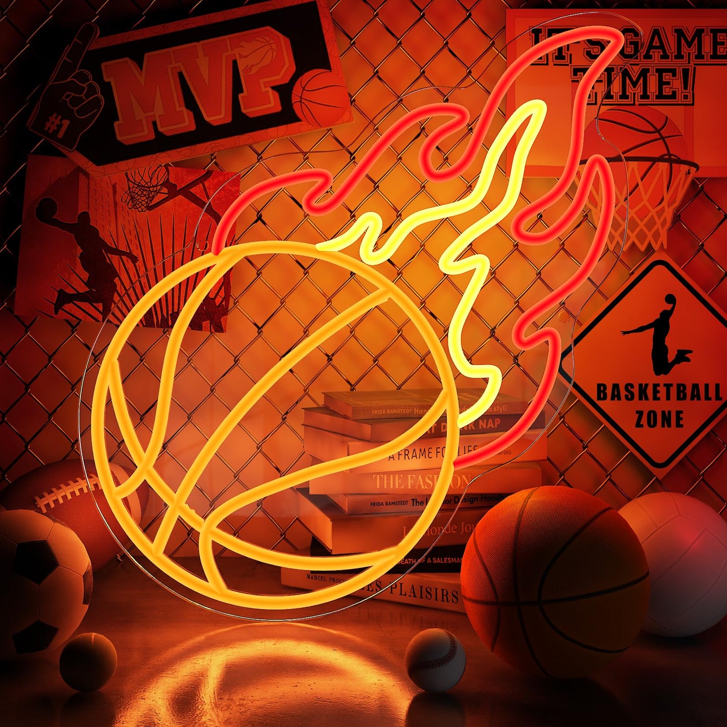 Basketball Neon Sign, Orange Red Yellow Basketball Fire Led Sign for Boys Bedroom Wall Decor, Dimmable Basketball Flame Light Up Sign for Man Cave Kids Gift Sports Fans Birthday Party Room Decoration