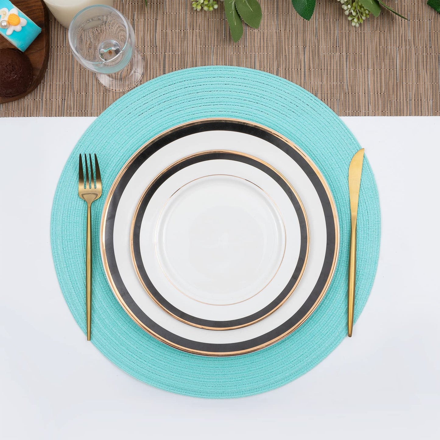 SHACOS Round Placemats Set of 4 Washable 15 inch Round Table Mats Cotton Polyester Woven Braided Place Mats for Dining Table Wedding Party Decor (Aqua, 4)