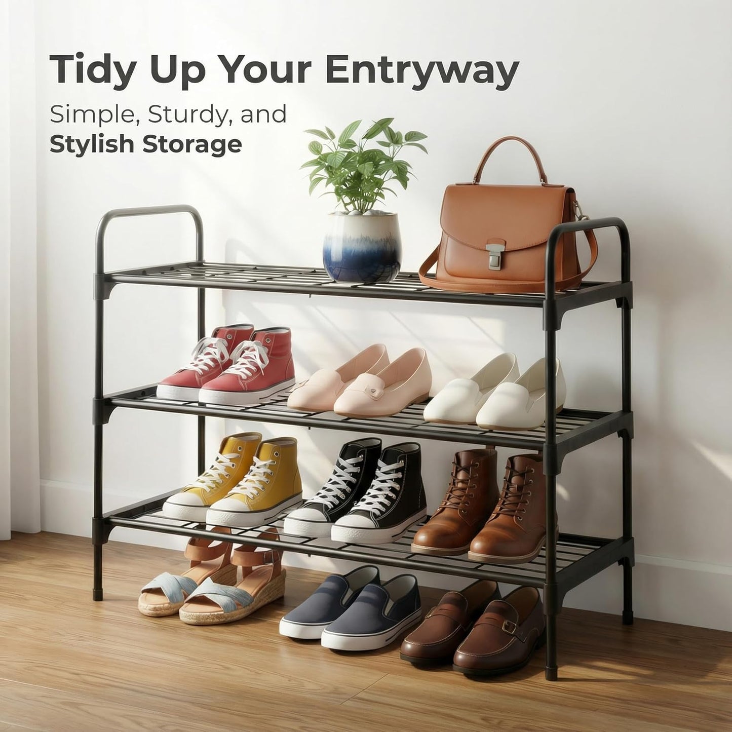 3-Tler Shoe Rack Organizer - Rustproof Iron Shoe Storage Shelf for Closet or Entryway | Fits Sneakers & Slippers, Black
