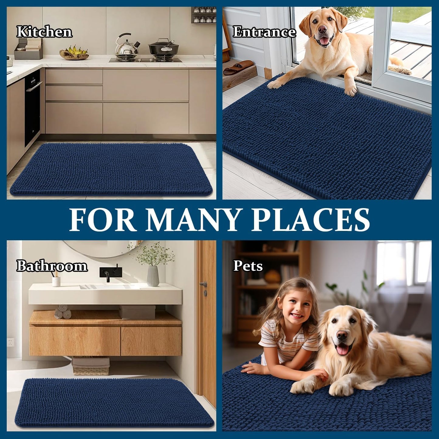 OLANLY Dog Door Mat - Absorbent Non-Slip Chenille Mat for Muddy Paws | 40x24 Dark Blue, Quick Dry