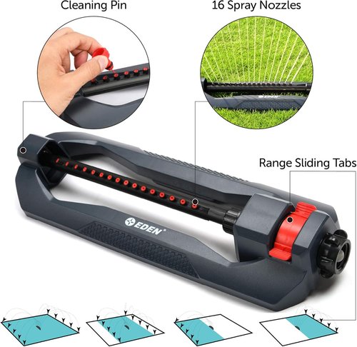 Eden 96213 Turbo Oscillating Water Sprinkler - Covers 3,600 Sq. Ft. | 16 Nozzles, Adjustable Range, Quick Connect