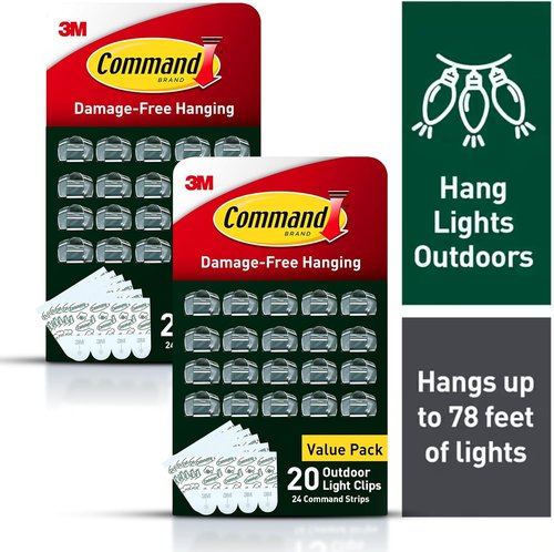 Command Outdoor Light Clips - 40 Clear Clips & 48 Weather-Resistant Strips for Damage-Free Hanging