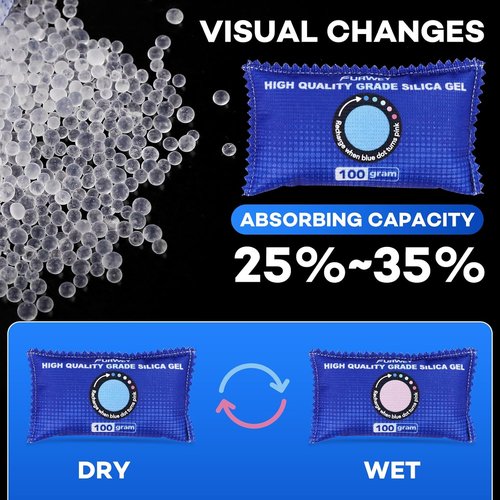 FURWEY Rechargeable Desiccant Packs - 12 Pack, 100g Each | Color Indicating Silica Gel Dehumidifiers for Storage & Cars