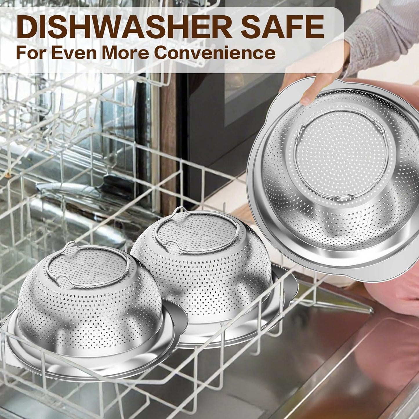Skiennix Stainless Steel Colander Set - 3-Piece Strainer for Pasta & Fruits | Dishwasher Safe (2QT, 3QT, 5QT)