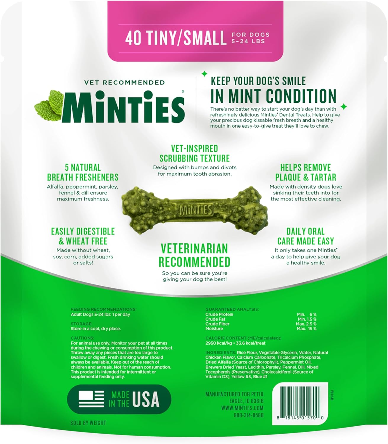 Minties Dog Dental Bone Treats - Tiny/Small Size, 16 Ounces | Cleans Teeth & Freshens Breath, 40 Count