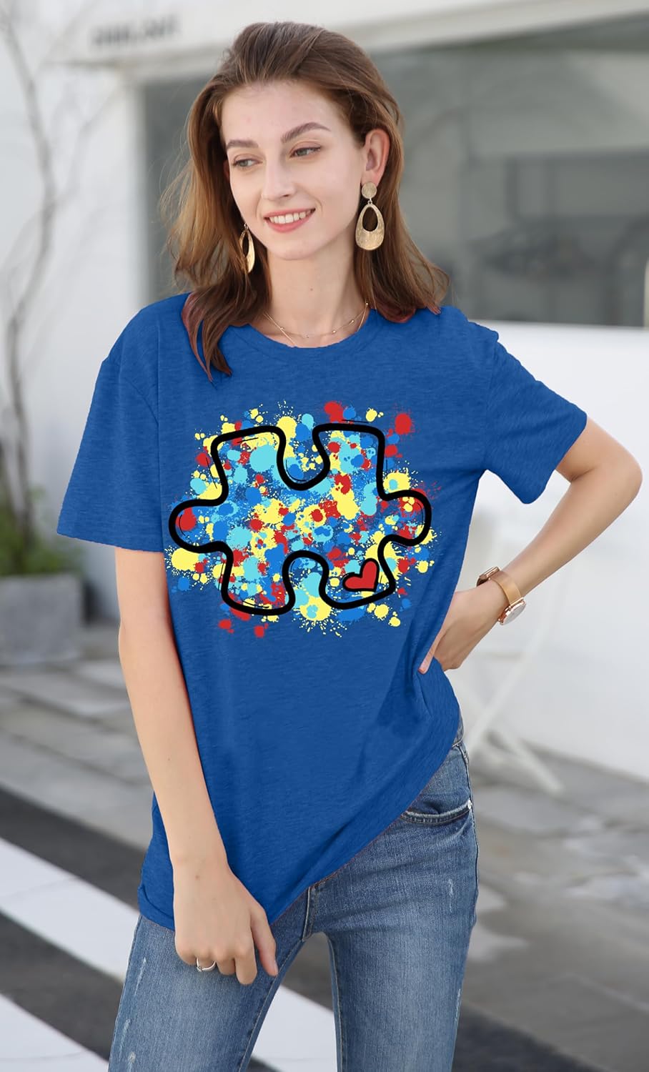 LAZYCHILD Autism Awareness Shirt - Women's Blue T-Shirt with Puzzle Piece Design