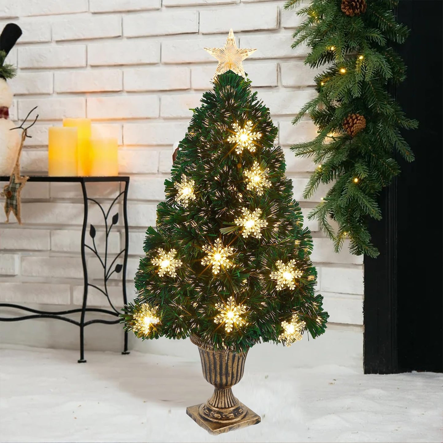 Juegoal Pre-Lit Artificial Christmas Trees - 3 FT Lighted Green Fiber Optic Entrance Trees with Gold Urn Base | 8 Lighting Modes & 110 Branch Tips for Festive Holiday Decor
