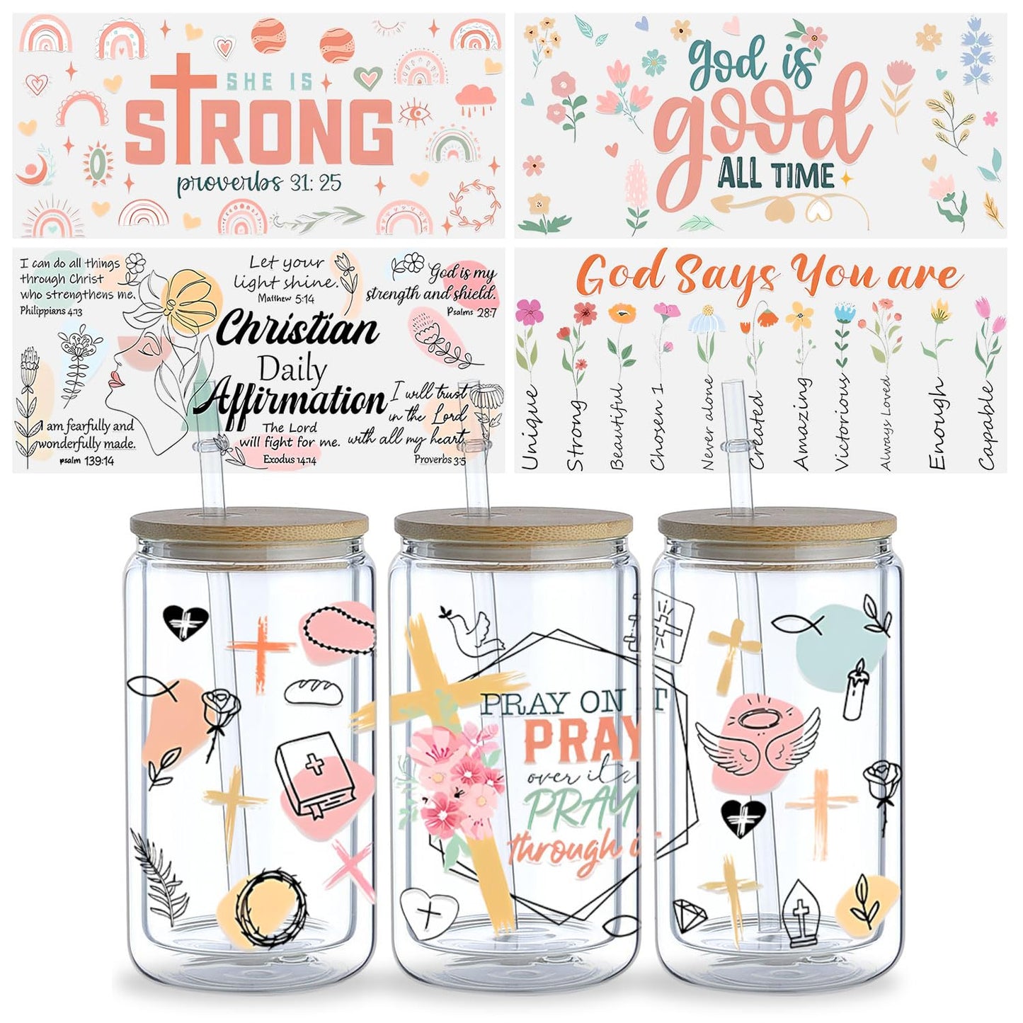21pcs Cartoon Religious UV DTF Transfer Stickers for Glass Cups, Waterproof Decals, Plastic Self-Adhesive Labels for Bottles and Cups Decoration (Style1-21-Sheet)