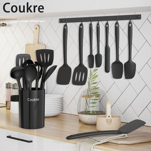 Coukre Silicone Kitchen Utensils Set - Heat-Resistant, Food-Grade Tools with Holder | 14-Piece, Pure Black