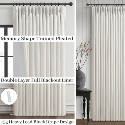 100% Blackout Linen Curtains by [Brand Name] - 96 Inch Modern Pinch Pleated Off Beige Drapes for Sliding Glass Doors