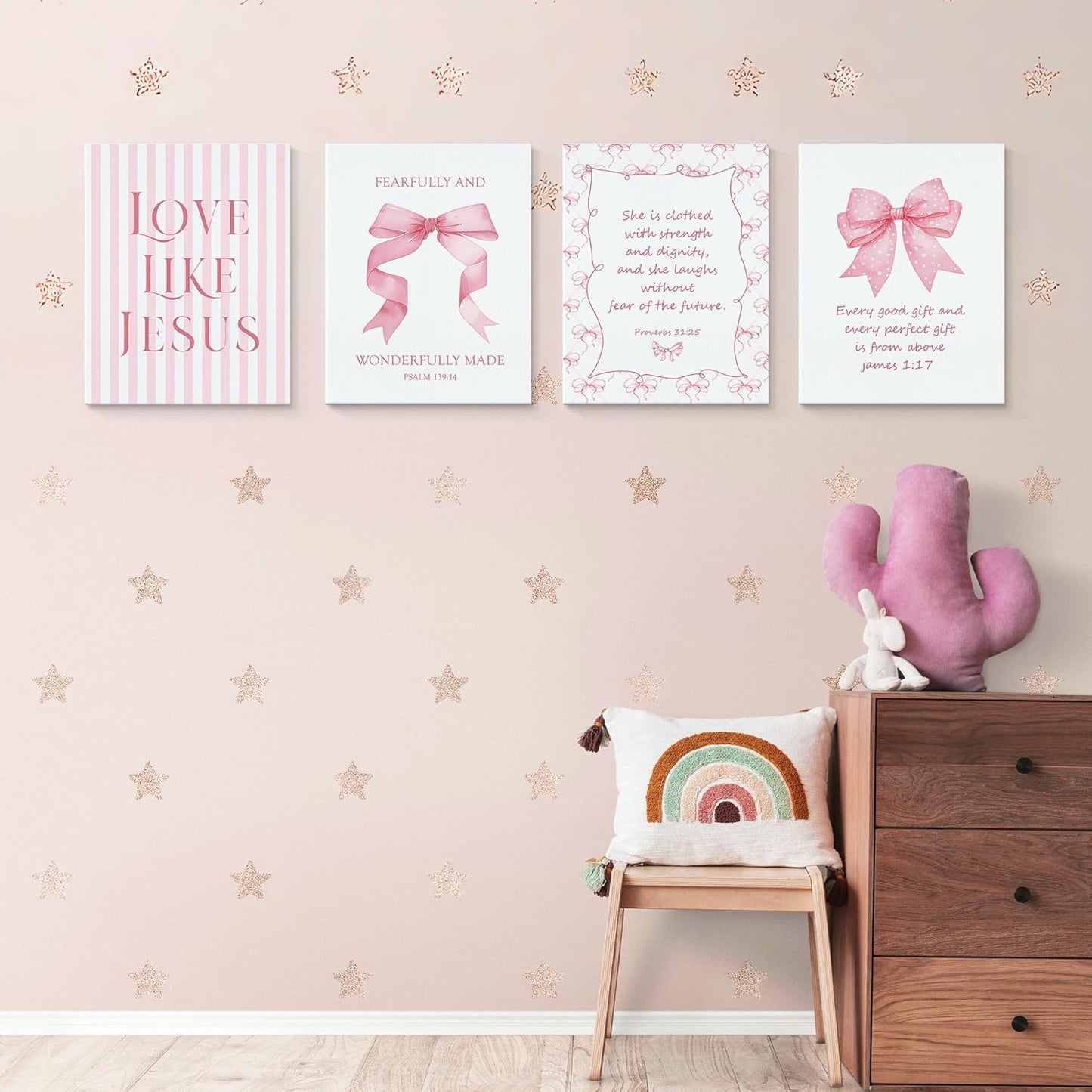 LARTSFRO Coquette Pink Bow Canvas Wall Art - Inspirational Bible Verses | Set of 4, 11x14 Inch for Teen Girls' Rooms