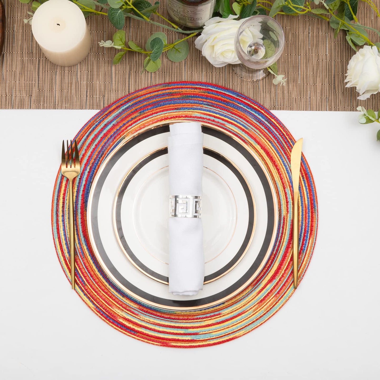 SHACOS Round Braided Placemats Set of 8 Washable 15 inch Round Table Mats Colorful Variegated Woven Place Mats for Dining Table (Rainbow Red, 8)