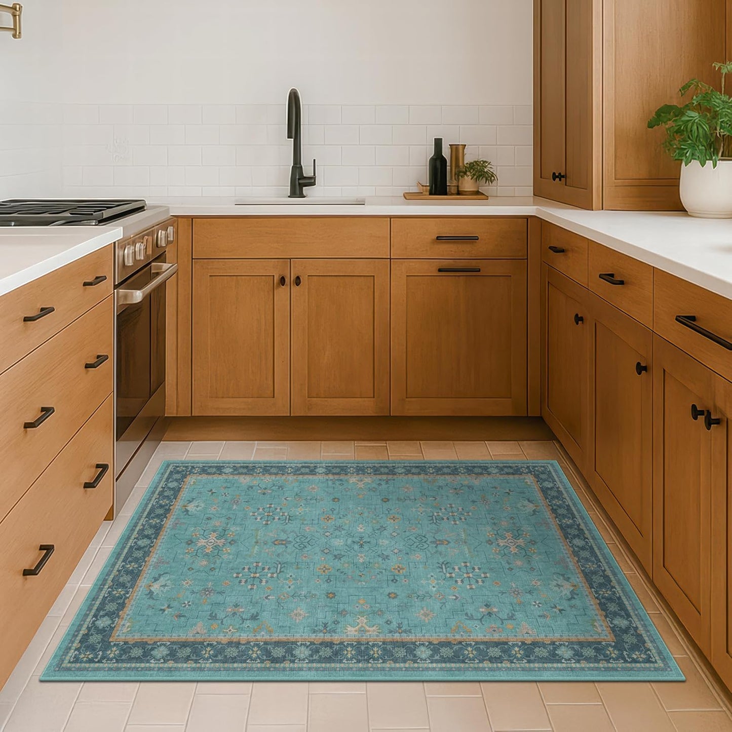Skiennix Washable Teal Rug - 3x5 Indoor Throw Rug for Kitchen, Bedroom, Bathroom | Non-Slip, Fade-Resistant Boho Décor