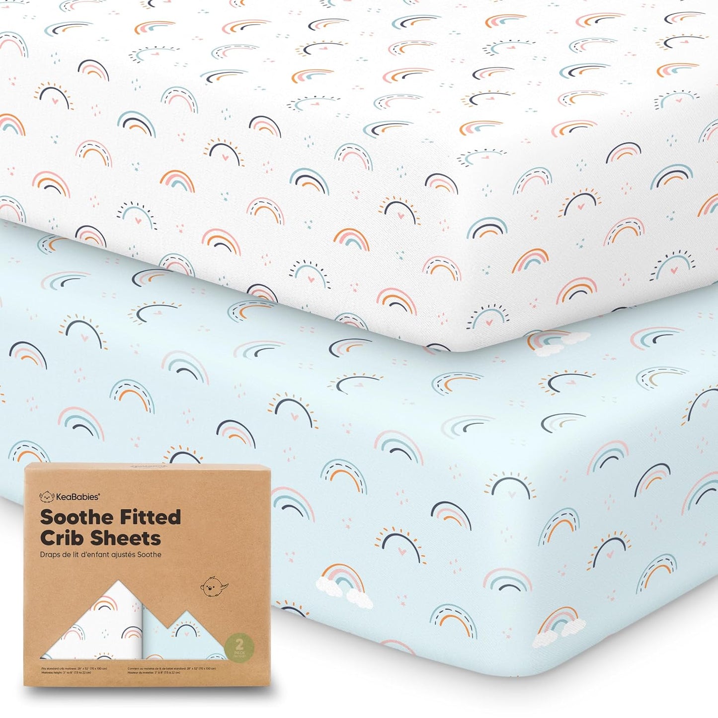 KeaBabies Organic Crib Sheets - 2-Pack Fitted Jersey Cotton for Boys & Girls | Soft & Breathable 52x28 (Jolly Rainbow)