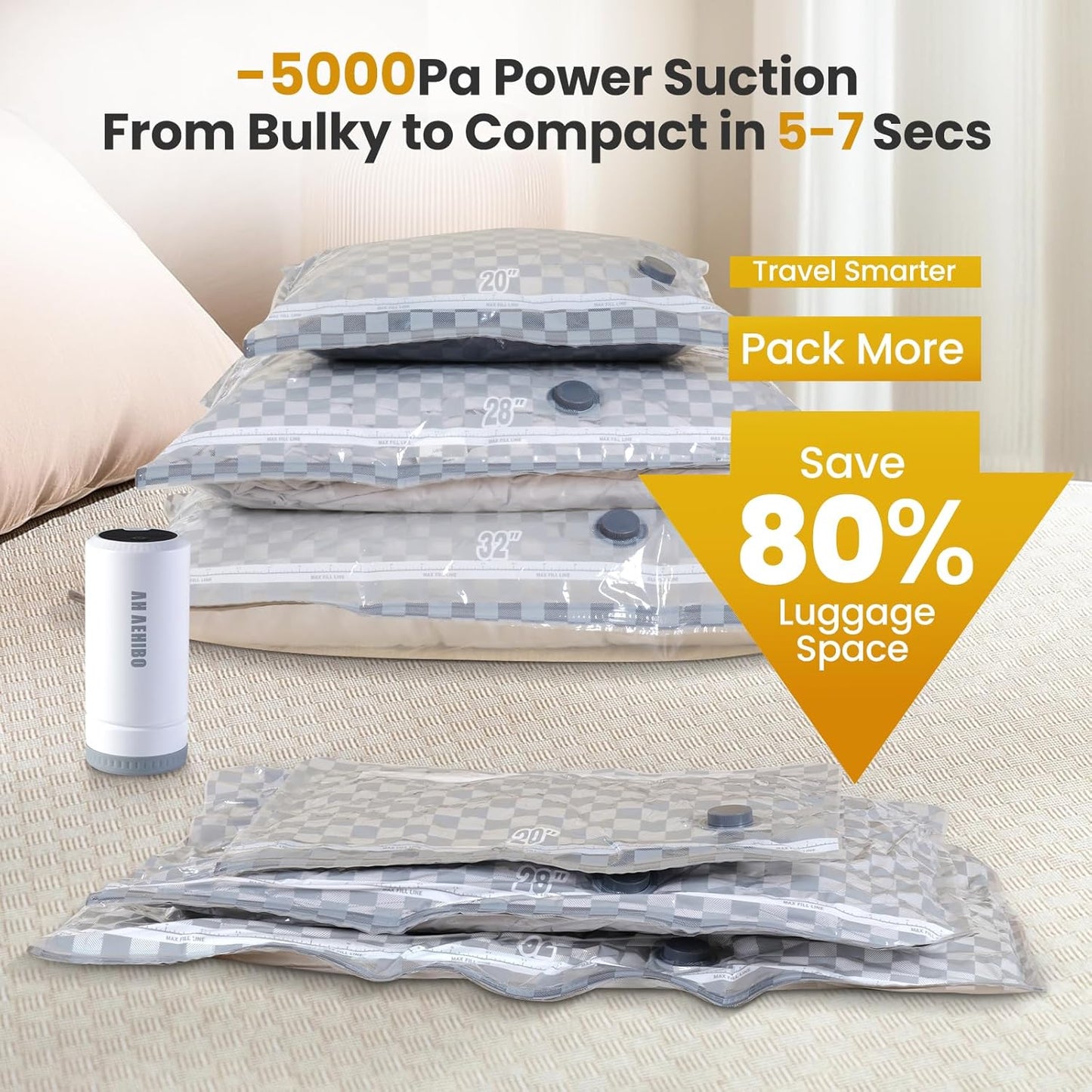 Skiennix Vacuum Bags for Travel - 15 PCS Combo with Rechargeable Pump | Space Saver for Clothes & Luggage