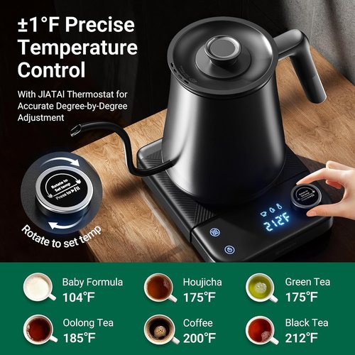 HIYAKOI Gooseneck Electric Kettle - ±1℉ Temperature Control for Perfect Pour Over Coffee & Tea | 0.8L Stainless Steel, 1200W Rapid Heating, 12H Keep Warm