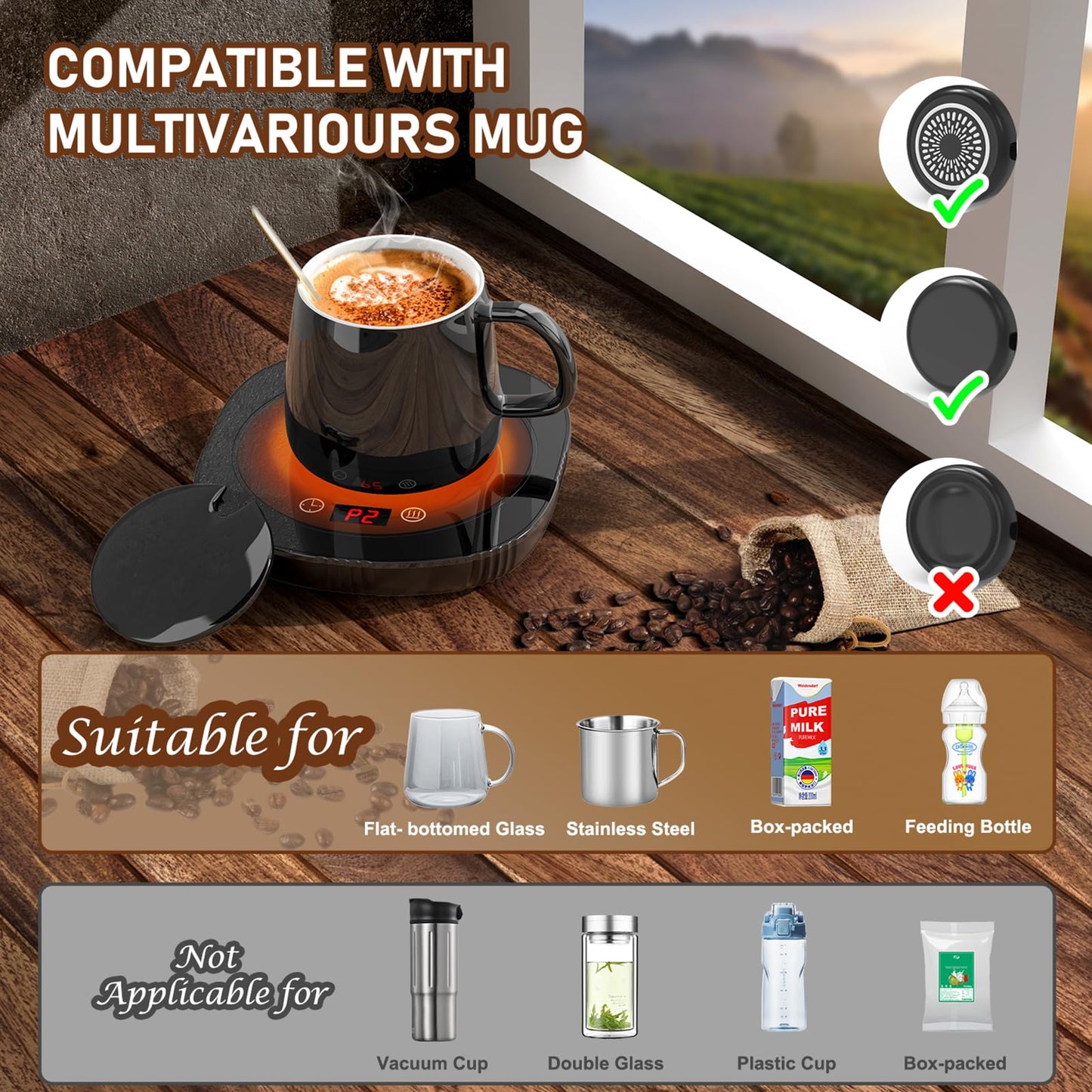 Coffee Mug Warmer, Cup Warmer for Desk with Auto Shut Off, 2 Temp Settings & 1-12H Timer, Coffee Heater Smart Electric Beverage Coffee Cup Warmer, Warmer for Tea, Water, Milk and Coco - Black