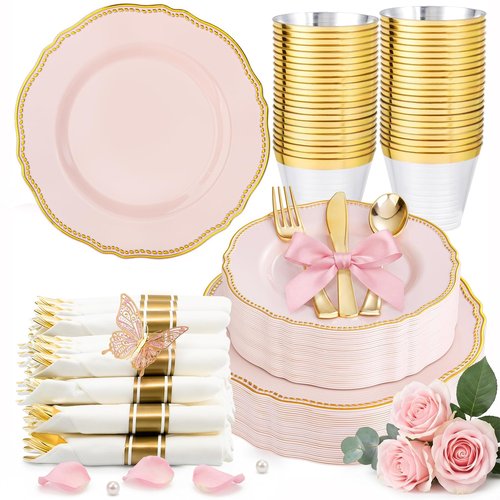 Hioasis 175pcs Pink and Gold Plastic Plates - Pink Plastic Dinnerware Set Includes 25 Dinner Plates, 25 Dessert Dinnerware, 25 Cups, 25 Napkins Perfect for Wedding & Easter