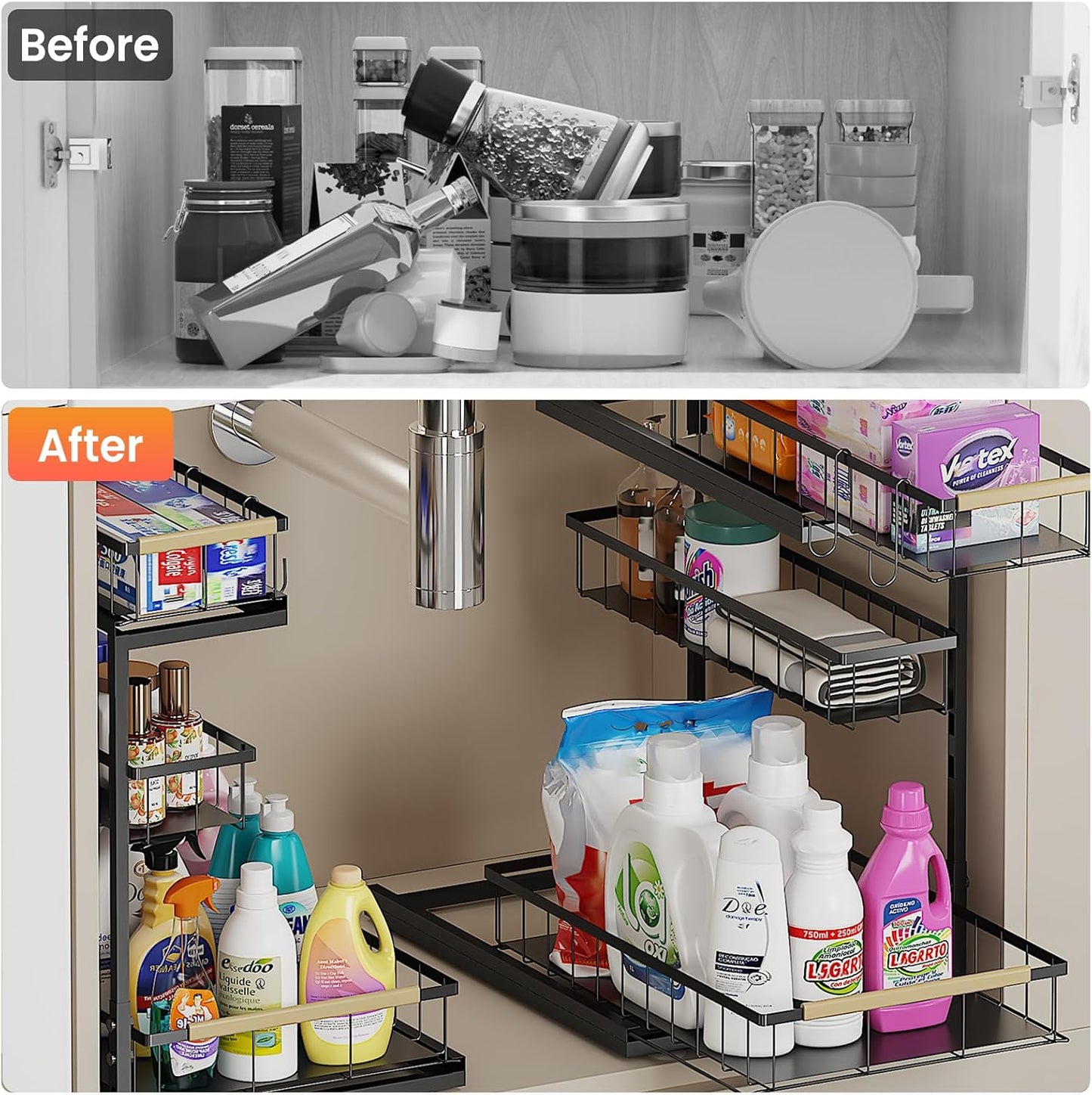 Under Sink Organizer by [Brand Name] - 3-Tier Pull-Out Shelf Storage for Bathroom & Kitchen - 2 Pack