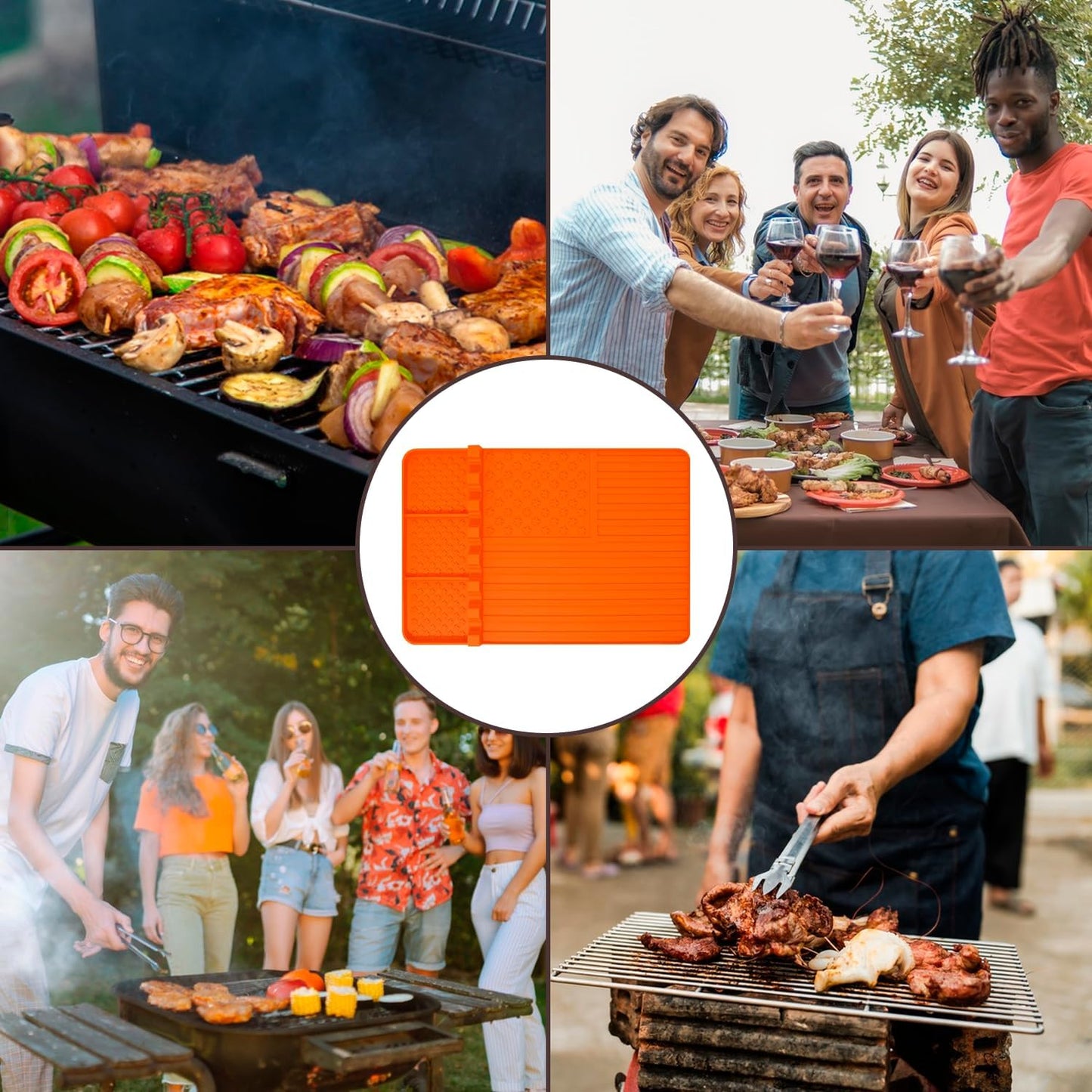 Skiennix Silicone Grill Mat - 2 PCS BBQ Griddle Tools with Drip Pad | Perfect for Outdoor Cooking (Orange)